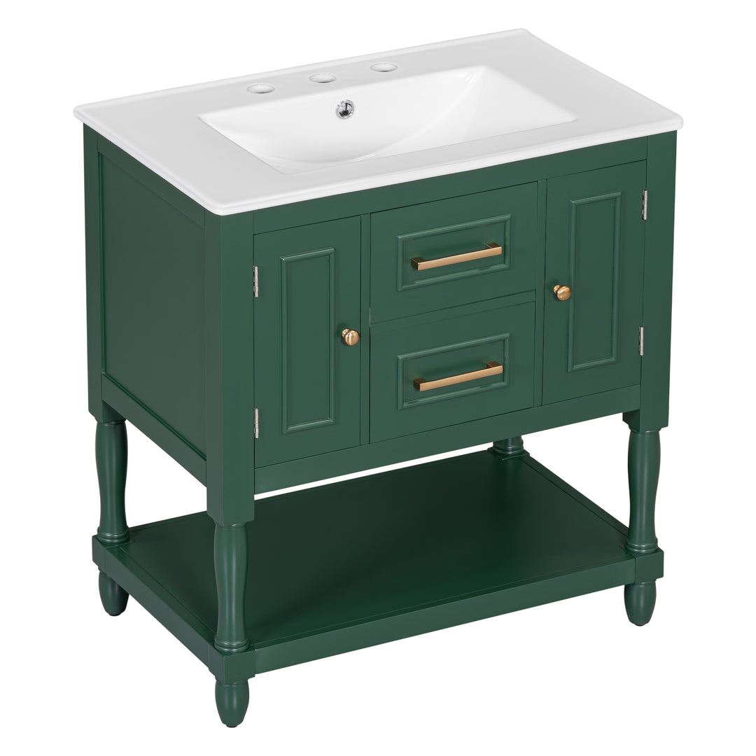 30" Bathroom Vanity with Sink Top, Bathroom Vanity Cabinet with Two Doors and Two Drawers, Solid Wood Frame, One Package, Green