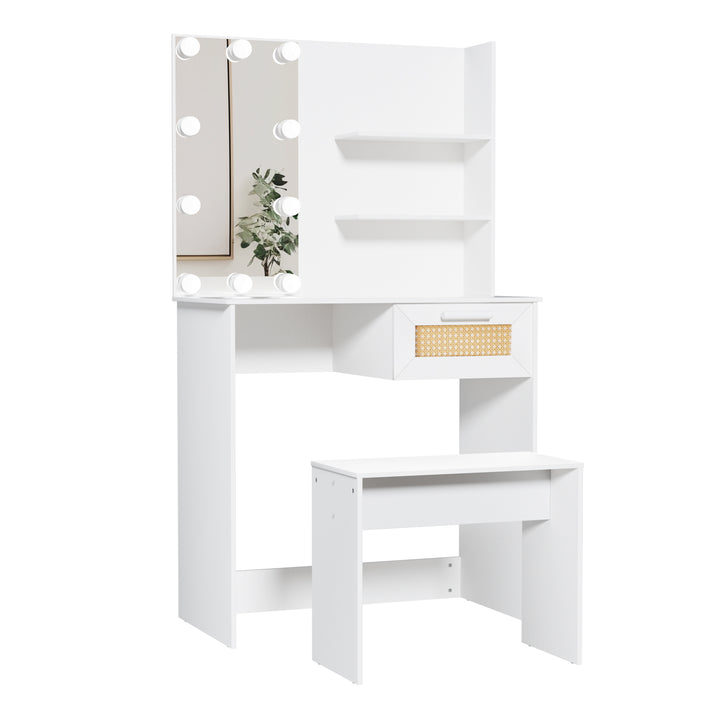 Vanity Desk Set Stool & Dressing Table with LED Lighting Mirror Drawer and Compartments Modern Wood Cosmetic Table Chest of Drawers White Color