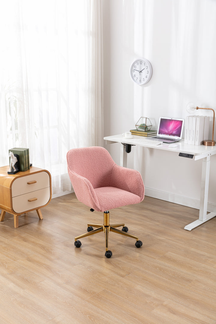 Modern Teddy Fabric Material Adjustable Height 360 Revolving Home Office Chair With Gold Metal Legs And Universal Wheel For Indoor,Pink