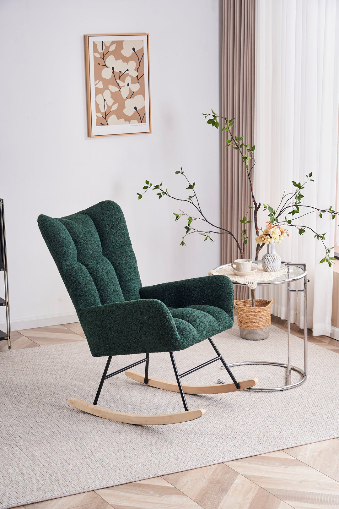 Rocking Chair Nursery, Solid Wood Legs Reading Chair with Teddy Fabric Upholstered , Nap Armchair for Living Rooms, Bedrooms, Offices, Best Gift,Emerald Teddy fabric