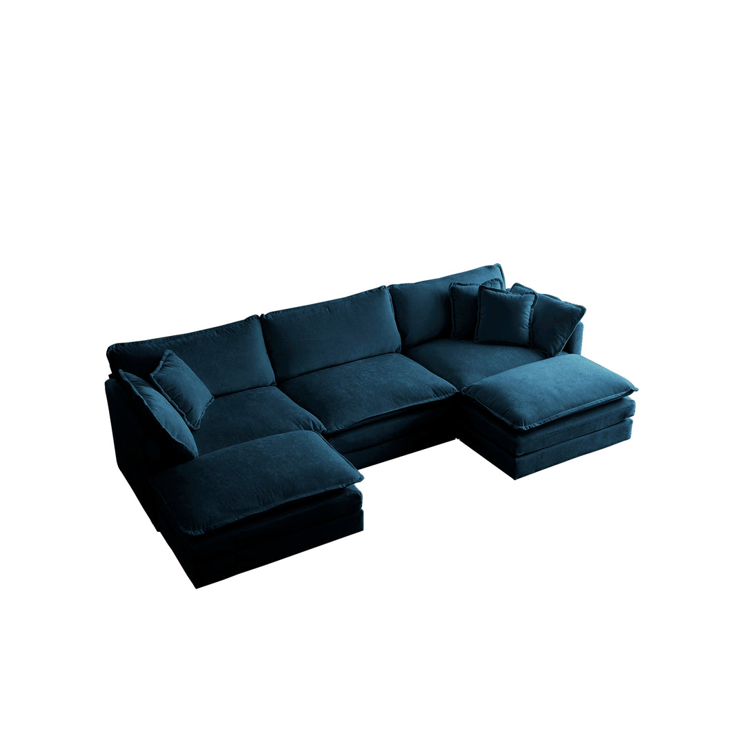 U-Shaped Sectional Sofa w/Reversible Footrest, 5-Seater Convertible Corner Couch with 2 Ottomans ,Modern Minimalist Soft Sofa & Couch for Living Room , Blue Chenille