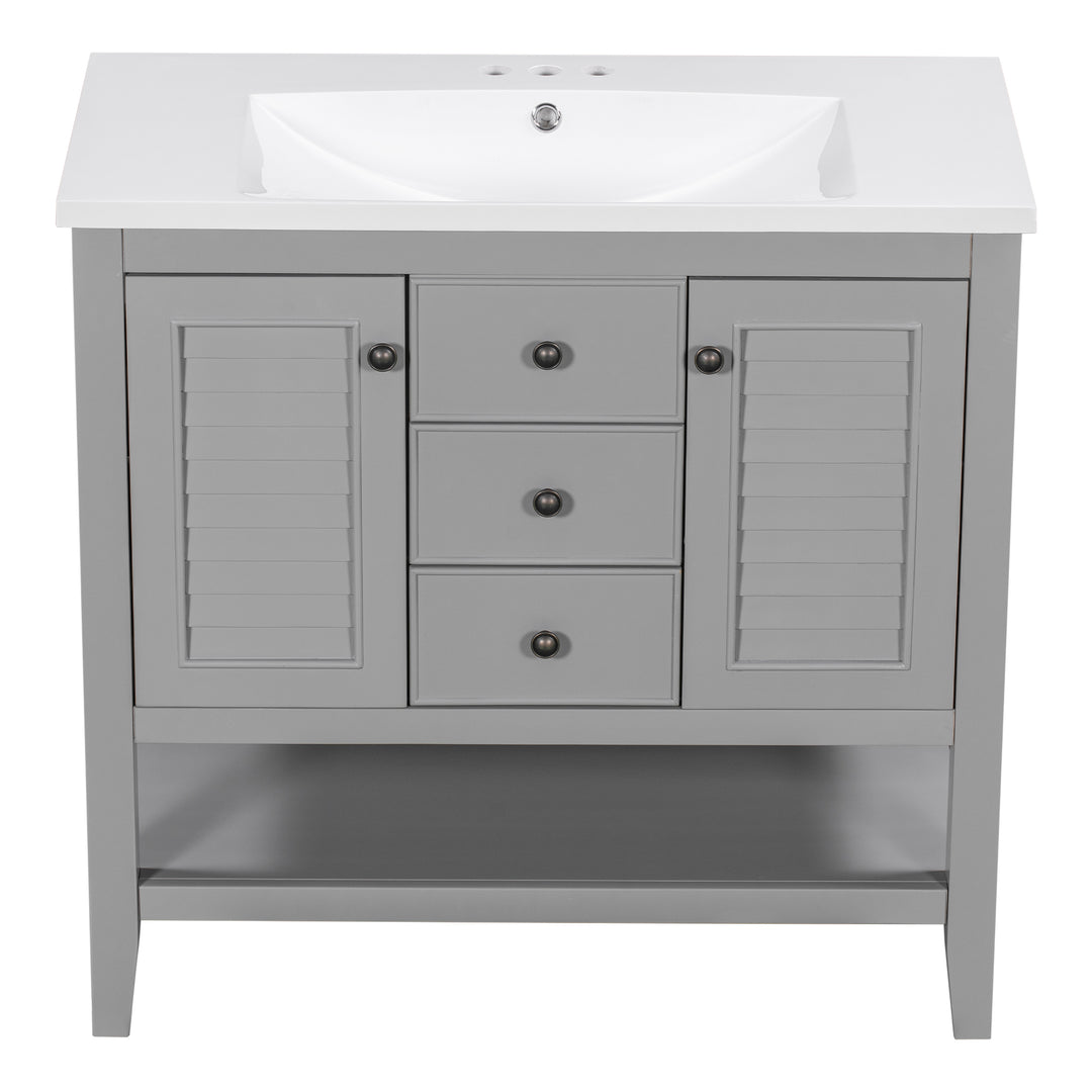 36" Bathroom Vanity with Ceramic Basin, Two Cabinets and Drawers, Open Shelf, Solid Wood Frame, Grey (OLD SKU: SY999101AAE)