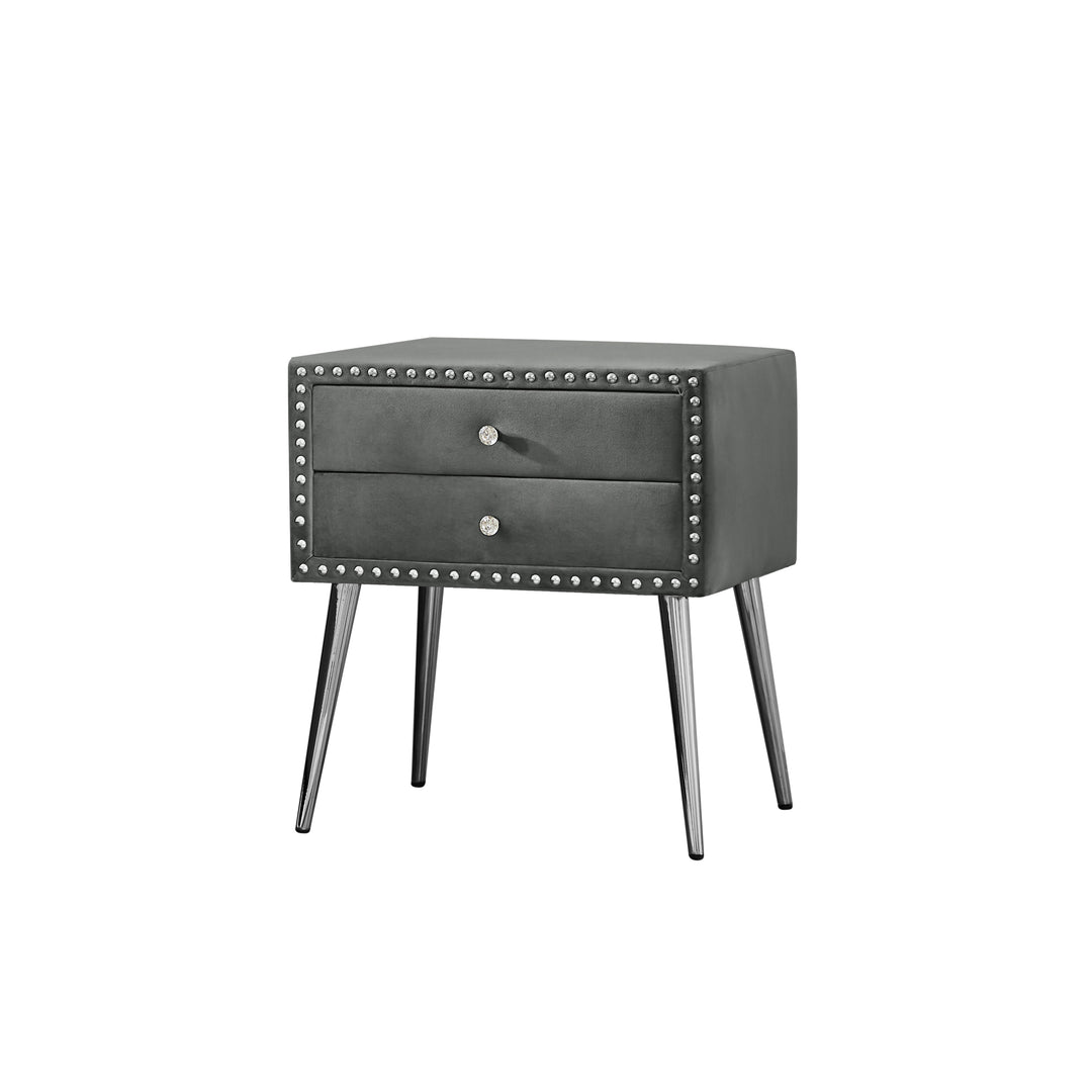 B109-TA Upholstered in durable 100% Grey Velvet nightstand Classic silver rivet elegant button tufted design with two drawer and metal legs