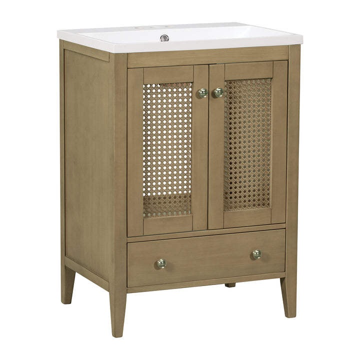 24" Bathroom Vanity with Ceramic Basin, Rattan Bathroom Storage Cabinet with Two Doors and Drawer, Solid Frame, Natural (OLD SKU: JL000008AAD)