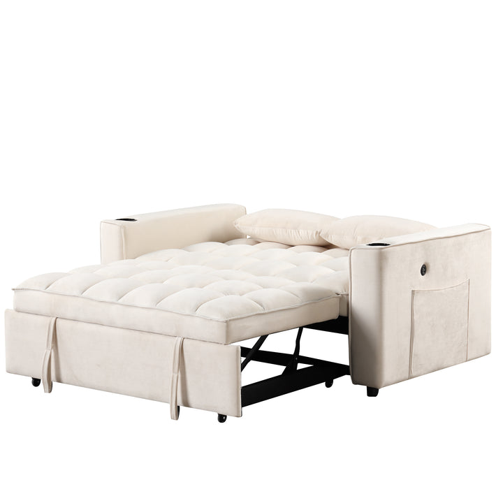 55.3" 4-1 Multi-functional Sofa Bed with Cup Holder and USB Port for Living Room or Apartments Milky White