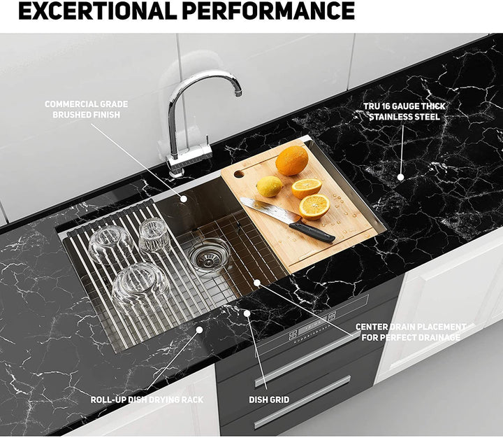 Simple Deluxe 32-Inch Undermount Workstation Kitchen Sink, 16 Gauge Single Bowl Stainless Steel with Accessories (Pack of 5 Built-in Components), Silver