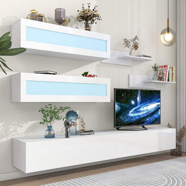 [VIDEO provided] ON-TREND Wall Mount Floating TV Stand with Four Storage Cabinets and Two Shelves, High Gloss Entertainment Center for 95+ Inch TV, 16-color RGB LED Lights for Living Room, White