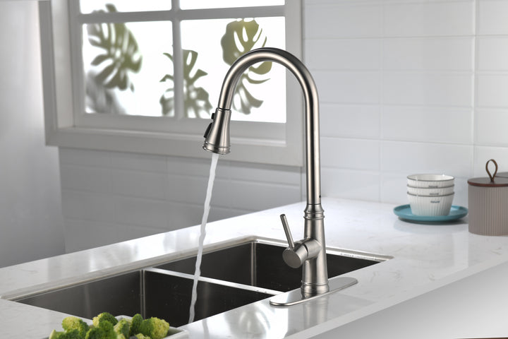 Single Handle High Arc Pull Out Kitchen Faucet,Single Level Stainless Steel Kitchen Sink Faucets with Pull Down Sprayer