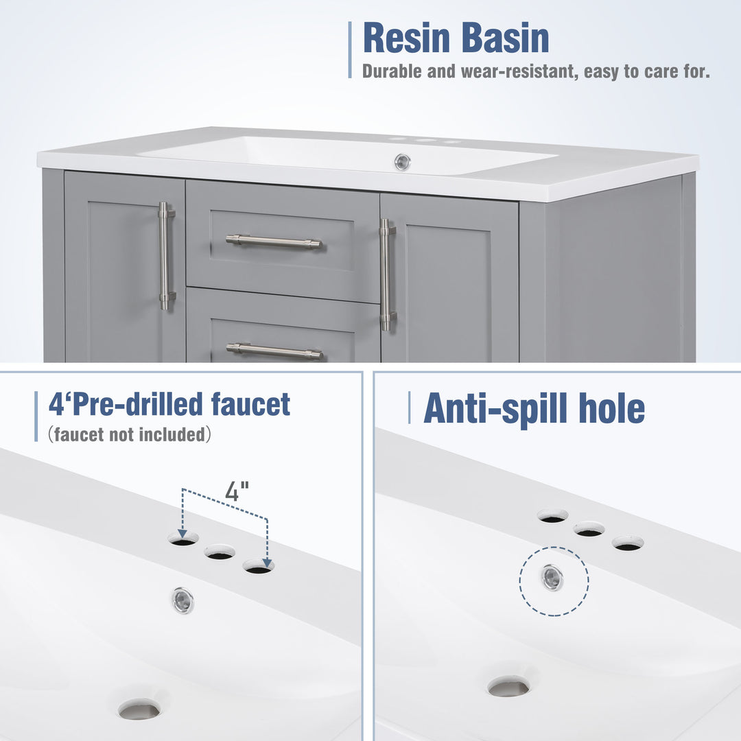 36-Inch Grey Bathroom Vanity with Solid Wood Frame and MDF, Resin Basin, 2 Drawers, 2 Cabinet Doors, 2 Adjustable Shelvesdoor,Single Resin Sink,Small Bathroom Organization Cabinet