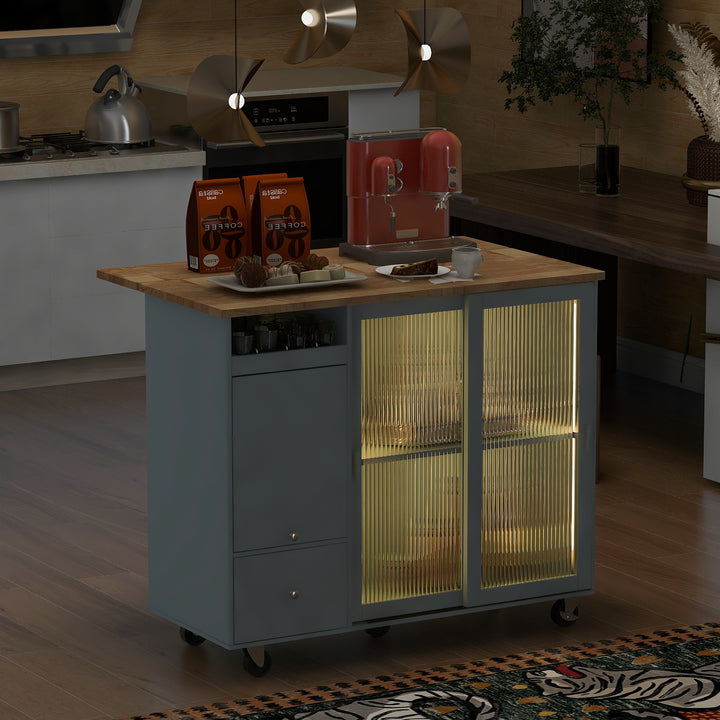 Kitchen Island with Drop Leaf, LED Light Kitchen Cart on Wheels with 2 Fluted Glass Doors and 1 Flip Cabinet Door, Large Kitchen Island Cart with an Adjustable Shelf and 2 Drawers (Grey Blue)