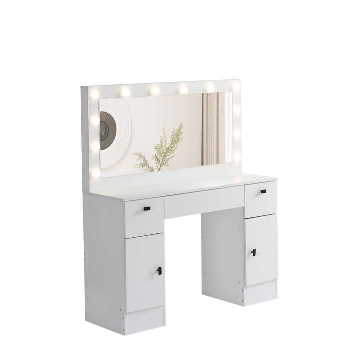 Vanity table with lighted mirror, vanity desk with 3 drawers and storage cabinet,3 color lighting modes adjustable brightness, white color