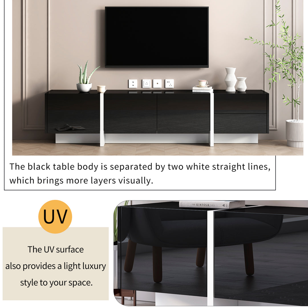 ON-TREND White & Black Contemporary Rectangle Design TV Stand, Unique Style TV Console Table for TVs Up to 80'', Modern TV Cabinet with High Gloss UV Surface for Living Room.