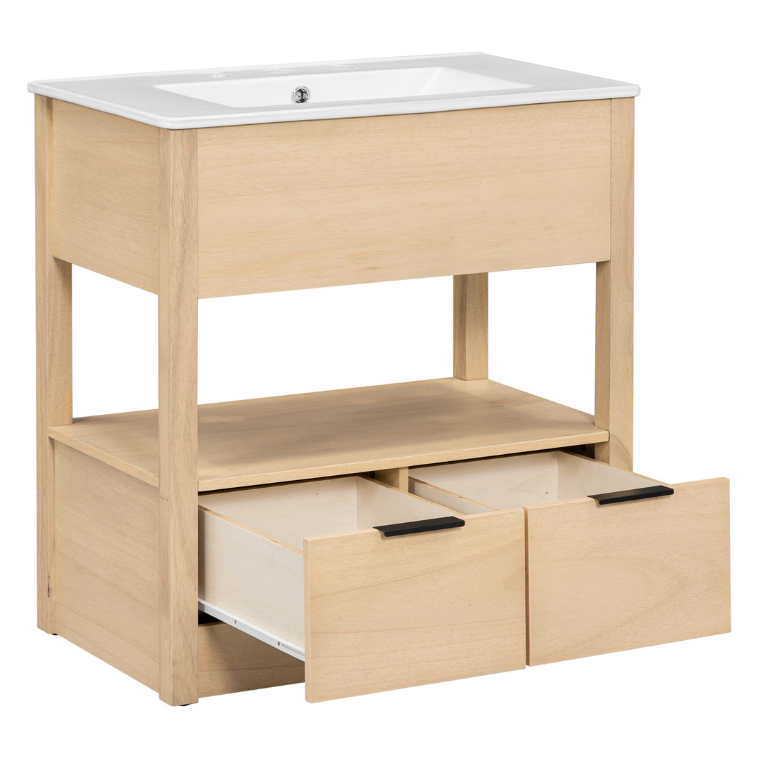 30" Bathroom Vanity with Sink Top, Bathroom Cabinet with Open Storage Shelf and Two Drawers, One Package, Natural