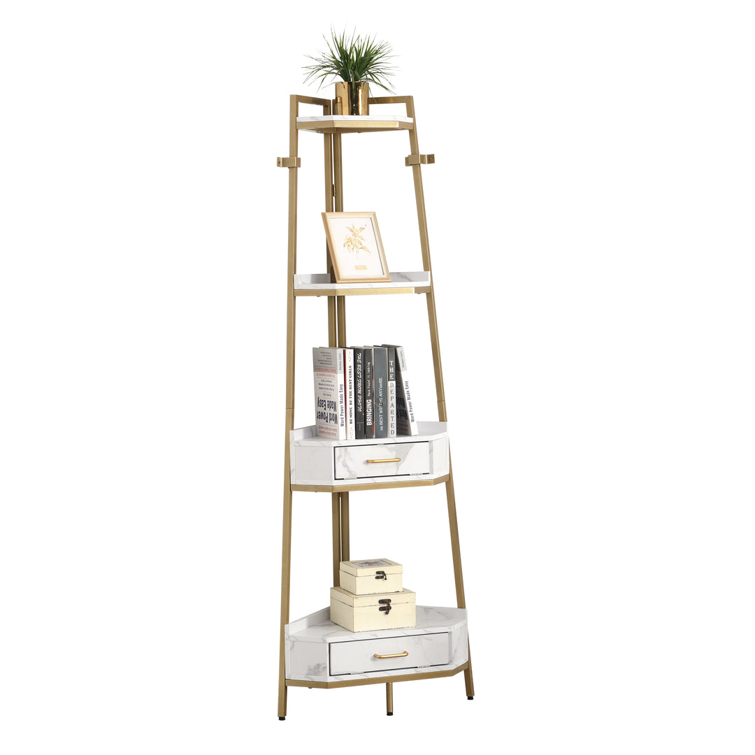 Corner Shelf with Two Drawers 72.64'' Tall, 4-tier Industrial Bookcase, Gold