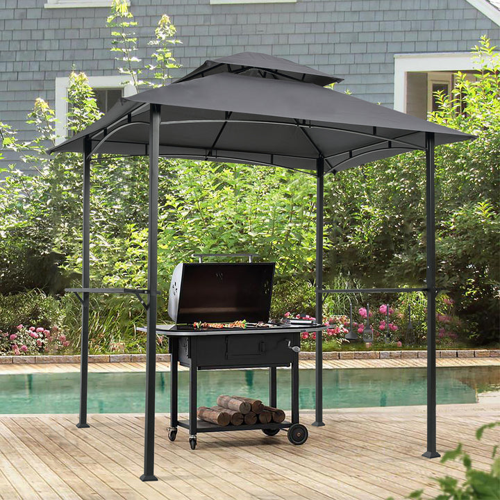 Outdoor Grill Gazebo 8 x 5 Ft, Shelter Tent, Double Tier Soft Top Canopy and Steel Frame with hook and Bar Counters, Grey