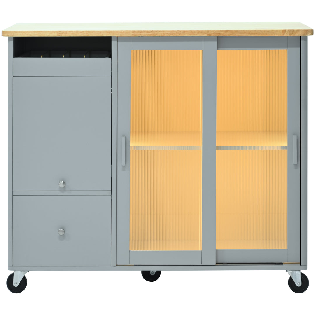 Kitchen Island with Drop Leaf, LED Light Kitchen Cart on Wheels with 2 Fluted Glass Doors and 1 Flip Cabinet Door, Large Kitchen Island Cart with an Adjustable Shelf and 2 Drawers (Grey Blue)