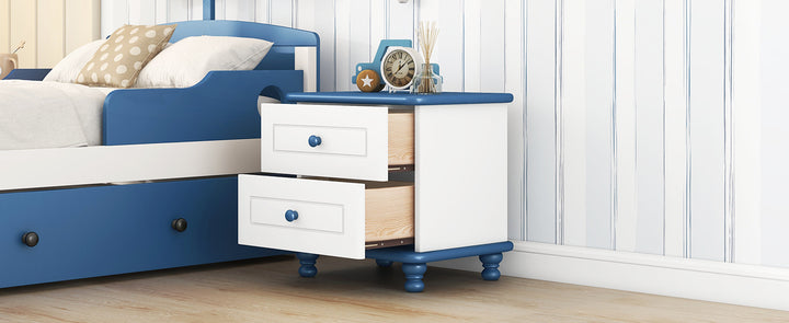 Wooden Nightstand with Two Drawers for Kids,End Table for Bedroom,White+Blue