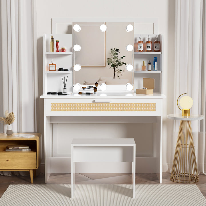 Vanity Desk Set Stool & Dressing Table with LED Lighting Mirror Drawer and Compartments Modern Wood Cosmetic Table Chest of Drawers White Color