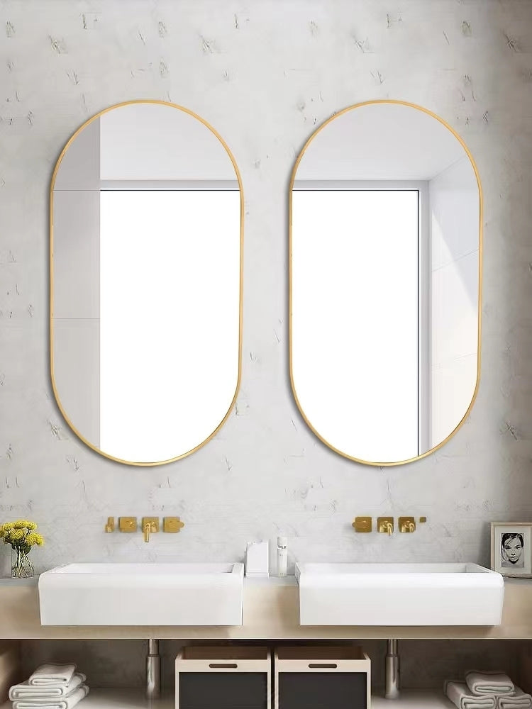 Wall Mounted Mirror, 36"x18" Oval Bathroom Mirror, Gold Vanity Wall Mirror w/ Stainless Steel Metal Frame & Pre-Set Hooks for Vertical & Horizontal Hang, Ideal for Bedroom, Bathroom