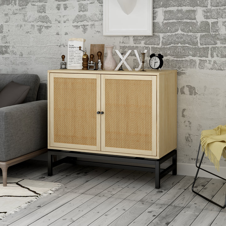 Natural rattan, 2 door cabinet, with 1 Adjustable Inner Shelves, rattan, Accent Storage Cabinet