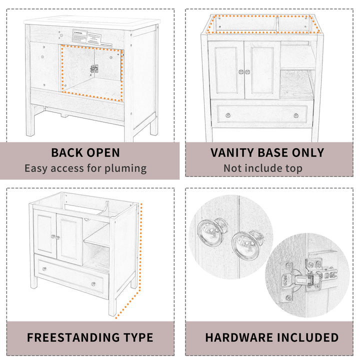 30" Bathroom Vanity Base Only, Solid Wood Frame, Bathroom Storage Cabinet with Doors and Drawers, White