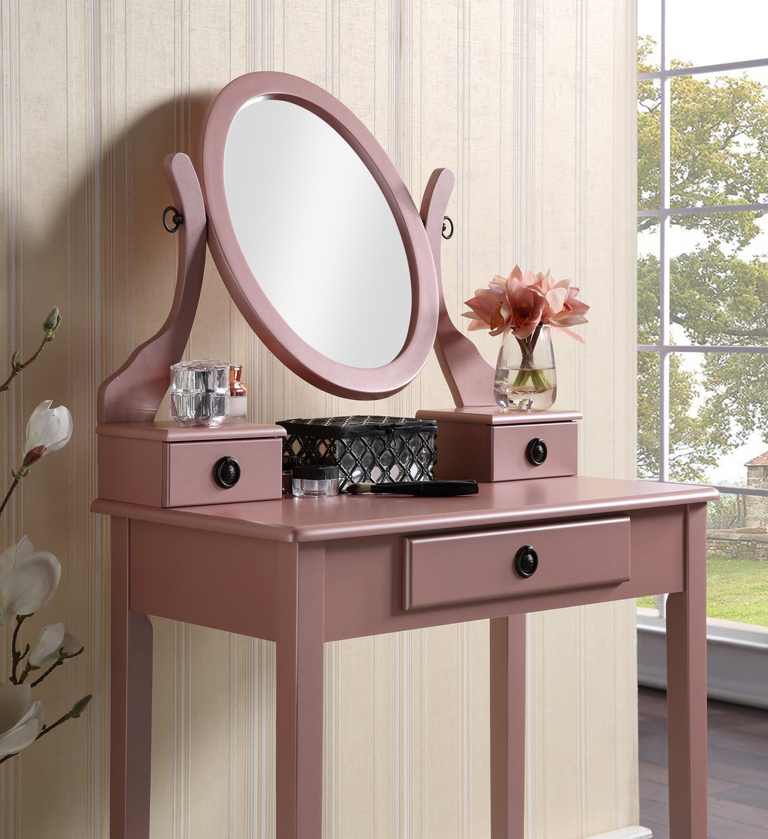 Moniys Wood Moniya Makeup Vanity Table and Stool Set, Rose Gold