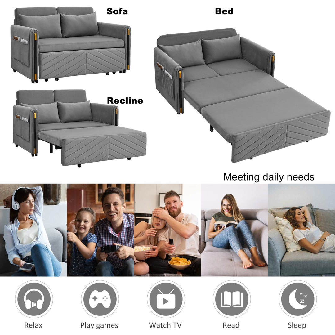 MH 54" Modern Convertible Sofa Bed with 2 Detachable Arm Pockets, Velvet Loveseat Multi-position adjustable Sofa with Pull Out Bed with Bedhead, 2 Pillows and Living Room, Grey