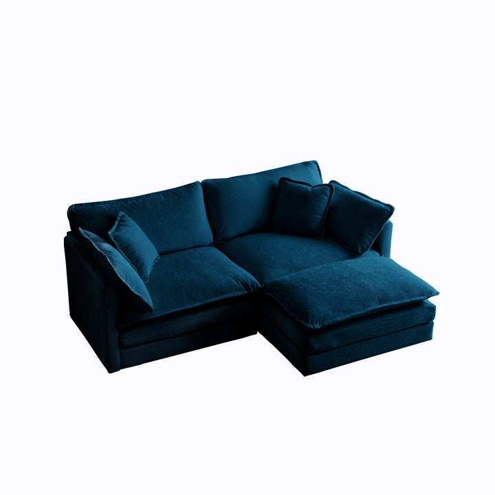 Chenille Two-Seater Sofa with 1 Footrest, 2 Seater L-Shaped Sectional with Ottoman,Loveseat with Ottoman for Small Living Space,Blue Chenille