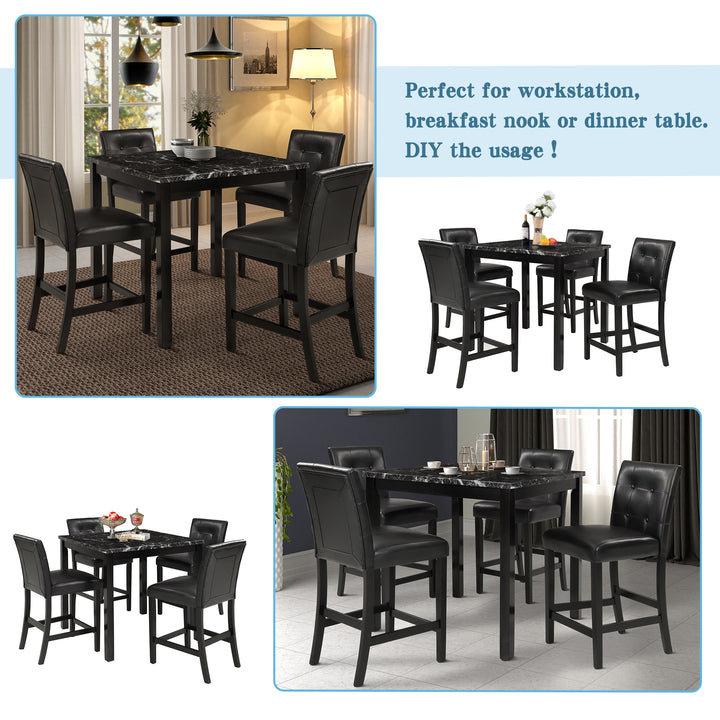 TOPMAX 5-Piece Kitchen Table Set Faux Marble Top Counter Height Dining Table Set with 4 PU Leather-Upholstered Chairs, Black