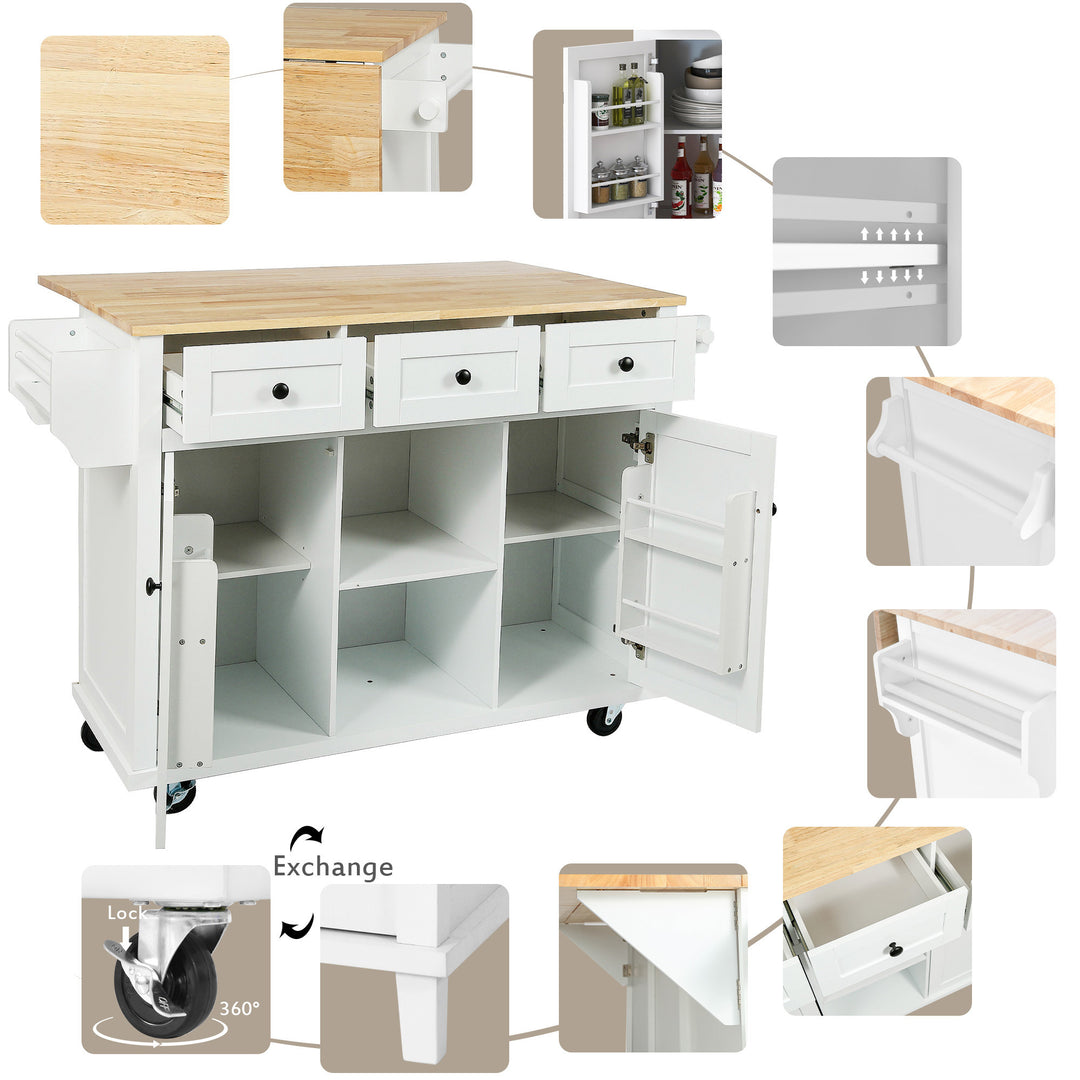 Kitchen Cart with Rubber wood Drop-Leaf Countertop ,Cabinet door internal storage racks,Kitchen Island on 5 Wheels with Storage Cabinet and 3 Drawers for Dinning Room,White