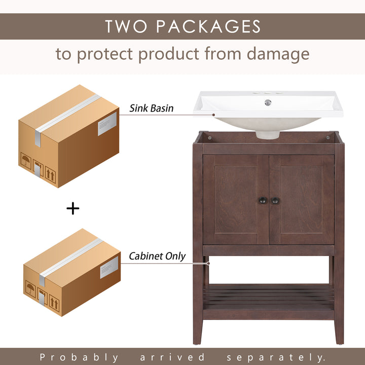 [VIDEO] 24" Brown Modern Sleek Bathroom Vanity Elegant Ceramic Sink with Solid Wood Frame Open Style Shelf (OLD SKU: JL000004AAD)