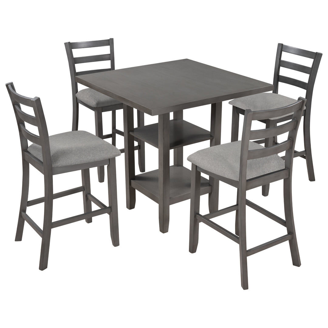 TREXM 5-Piece Wooden Counter Height Dining Set with Padded Chairs and Storage Shelving (Gray)