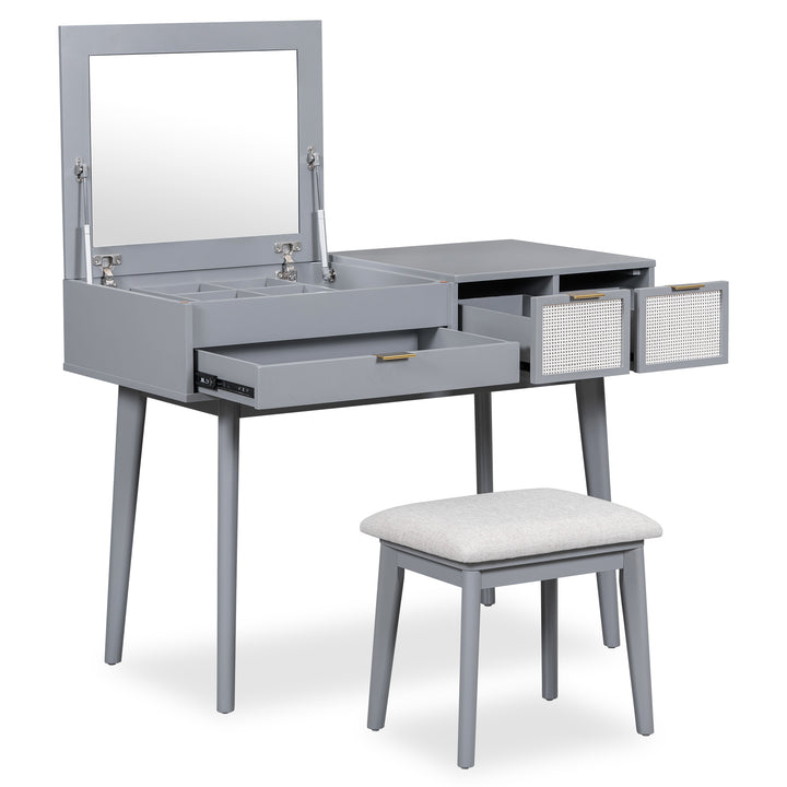 43.3" Classic Wood Makeup Vanity Set with Flip-top Mirror and Stool, Dressing Table with Three Drawers and storage space, Gray