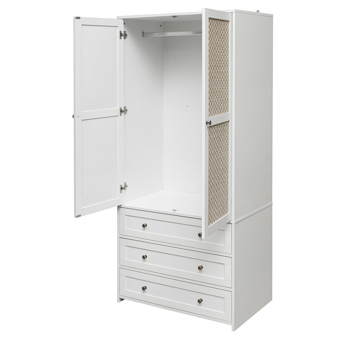 2-Door Wardrobe with 3 Drawers High Wardrobe  Armoire With 2 Rattan Door For Living Room, Bedroom Organizer