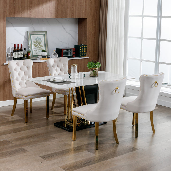 A&A Furniture,Nikki Collection Modern, High-end Tufted Solid Wood Contemporary Velvet Upholstered Dining Chair with Golden Stainless Steel Plating Legs,Nailhead Trim,Set of 2,Beige and Gold, SW1601BG