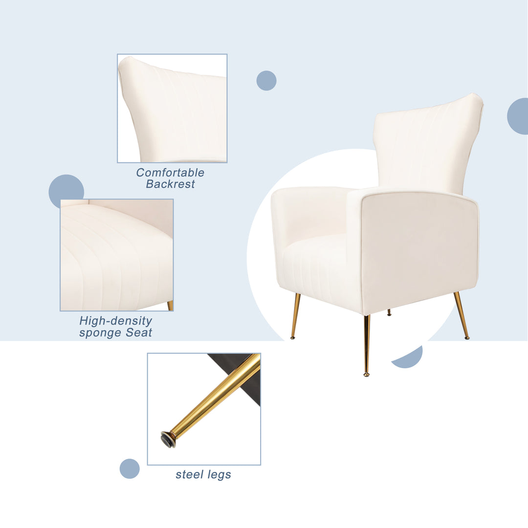 Velvet Accent Chair with table, Wingback Arm Chair with Gold Legs, Upholstered Single Sofa for Living Room Bedroom, White