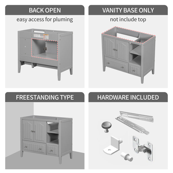 36" Bathroom Vanity Base Only, Solid Wood Frame and MDF Boards, Grey