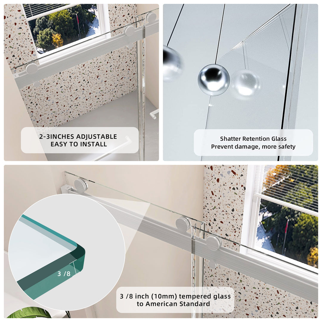 Frameless Double Sliding Shower, 57" - 60" Width, 79" Height, 3/8" (10 mm) Clear Tempered Glass, , Designed for Smooth Door with Clear Tempered Glass and Stainless Steel Hardware Brushed Nickel