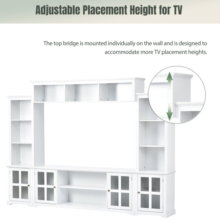 [VIDEO provided] ON-TREND Minimalism Entertainment Wall Unit with Bridge, Modern TV Console Table for TVs Up to 70", Multifunctional TV Stand with Tempered Glass Door, White (Old SKU: SD000009AAK)