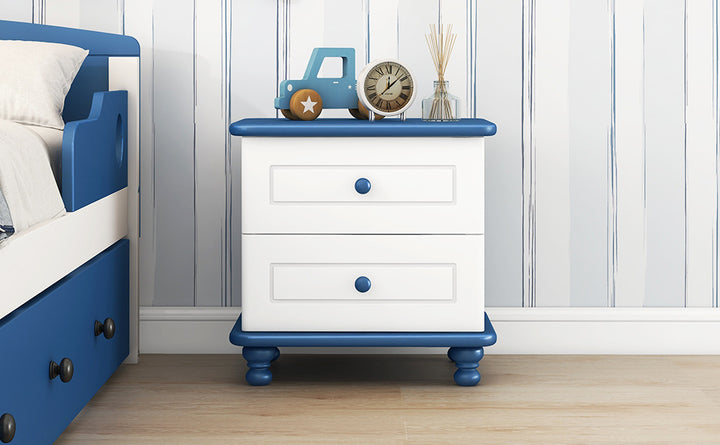 Wooden Nightstand with Two Drawers for Kids,End Table for Bedroom,White+Blue