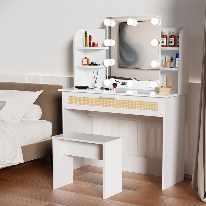 Vanity Desk Set Stool & Dressing Table with LED Lighting Mirror Drawer and Compartments Modern Wood Cosmetic Table Chest of Drawers White Color