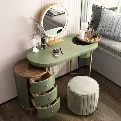 Modern Makeup Vanity Table With LED Lighted Mirror, Dressing Table with Movable Tray Top, 4 Solid Wood Drawer, Without Stool, 43", Green