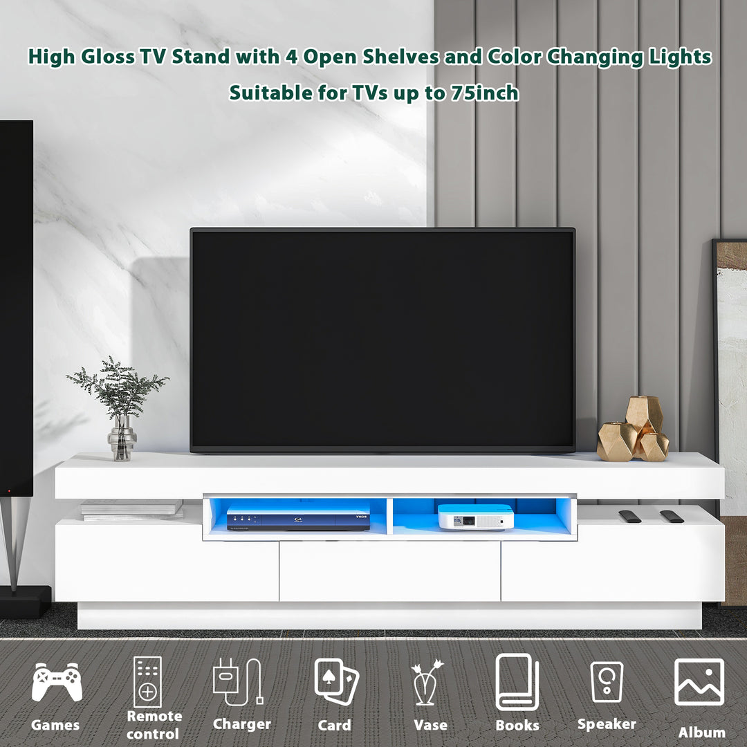 On-Trend TV Stand with 4 Open Shelves, Modern High Gloss Entertainment Center for 75 Inch TV, Universal TV Storage Cabinet with 16-color RGB LED Color Changing Lights, White