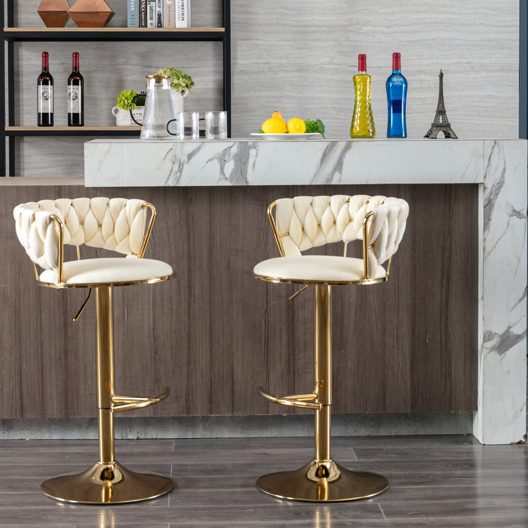 Set of 2  Bar Stools,with Chrome Footrest and Base Swivel Height Adjustable Mechanical Lifting Velvet + Golden Leg Simple Bar Stool-Cream