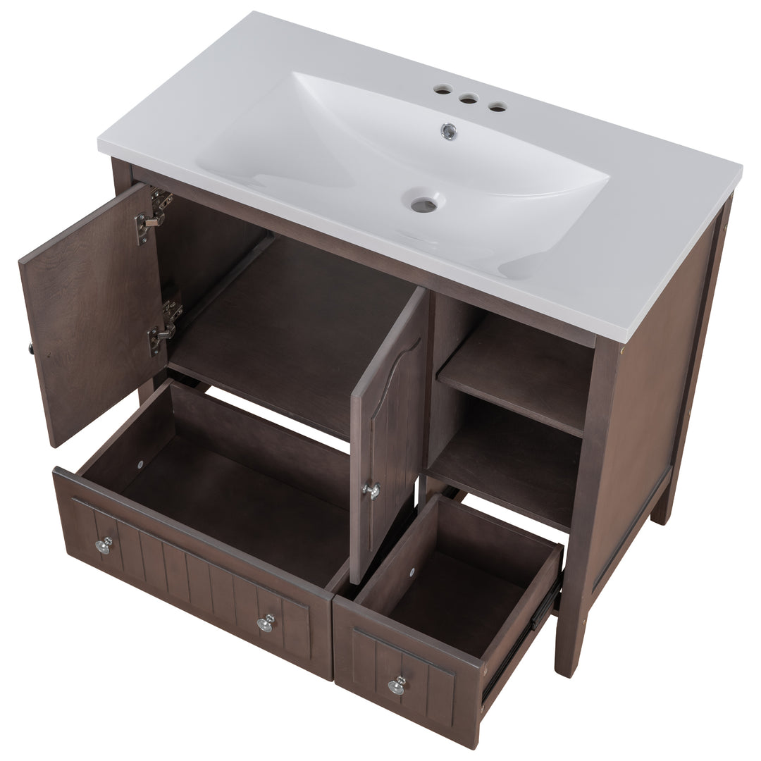 [VIDEO] 36" Bathroom Vanity with Ceramic Basin, Bathroom Storage Cabinet with Two Doors and Drawers, Solid Frame, Metal Handles, Brown (OLD SKU: JL000003AAD)