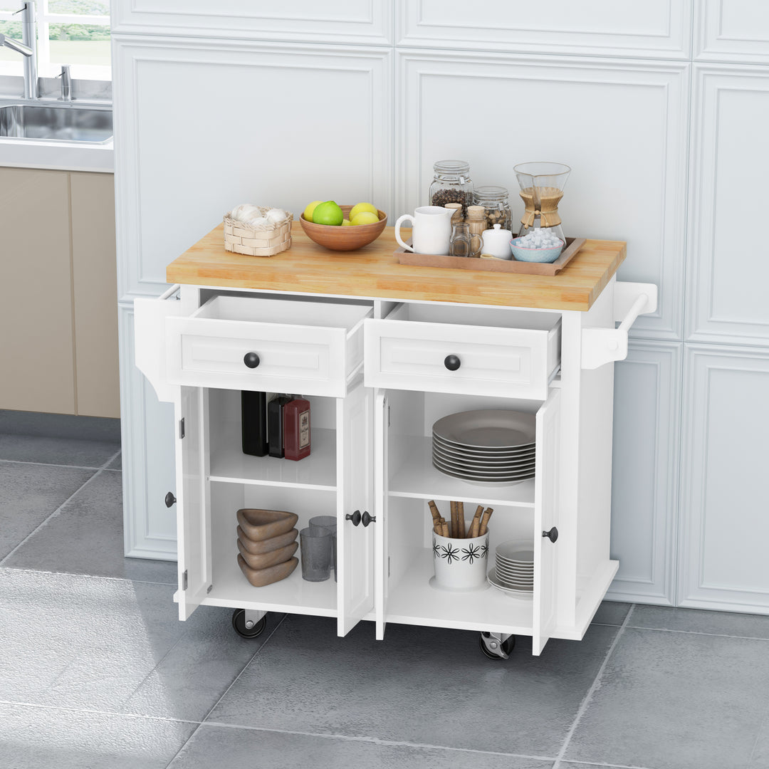 Kitchen Island Cart with Two Storage Cabinets and Two Locking Wheels,43.31 Inch Width,4 Door Cabinet and Two Drawers,Spice Rack, Towel Rack(White)