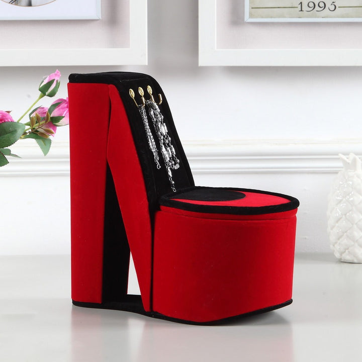 9" Tall Display Jewelry Box with Hooks, High Heel Shoe Design, Red Velvet