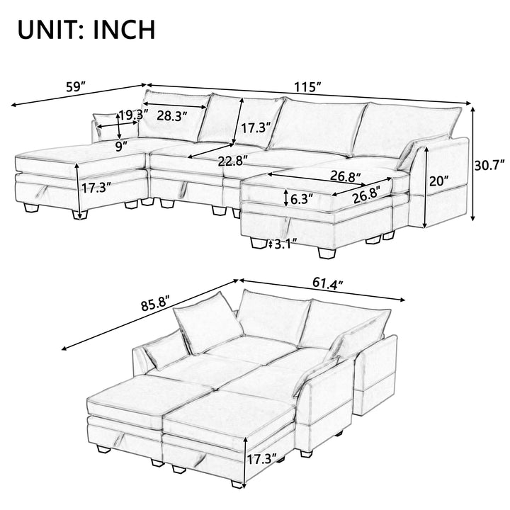 U_Style Modern Large U-Shape Modular Sectional Sofa,  Convertible Sofa Bed with Reversible Chaise for Living Room, Storage Seat