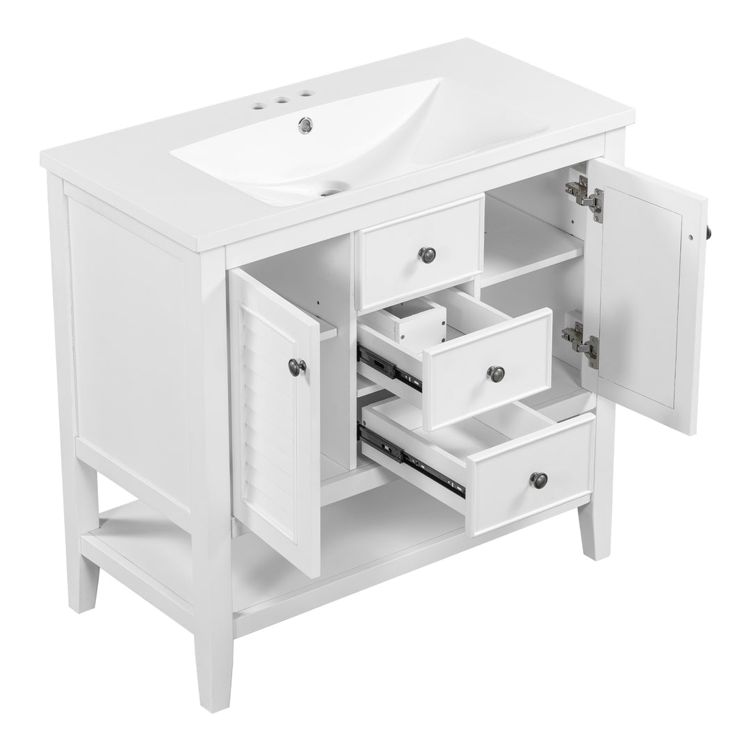 36" Bathroom Vanity with Ceramic Basin, Two Cabinets and Drawers, Open Shelf, Solid Wood Frame, White (OLD SKU: SY999101AAK)