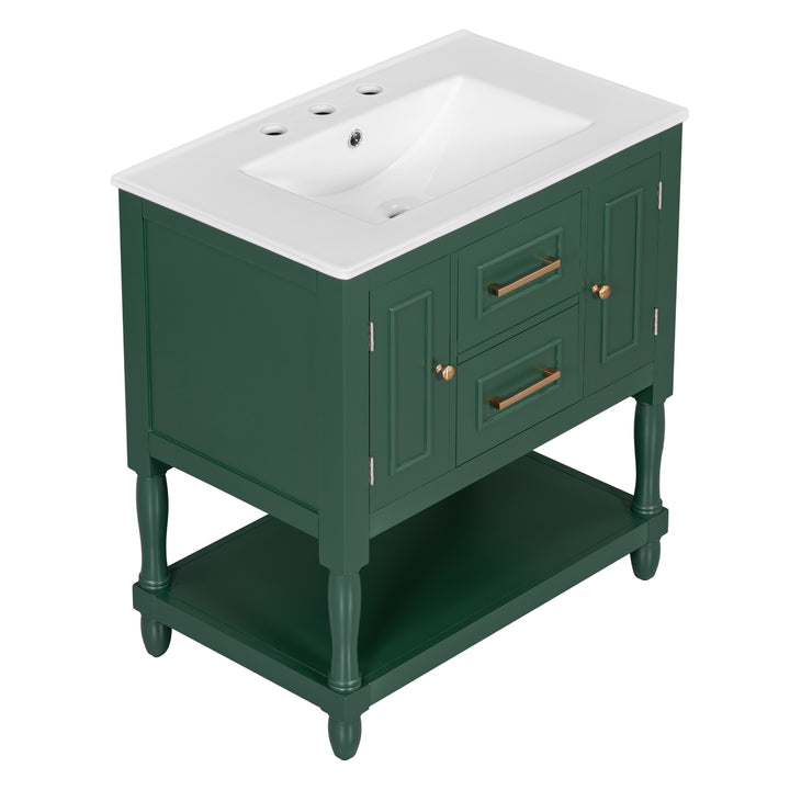 30" Bathroom Vanity with Sink Top, Bathroom Vanity Cabinet with Two Doors and Two Drawers, Solid Wood Frame, One Package, Green